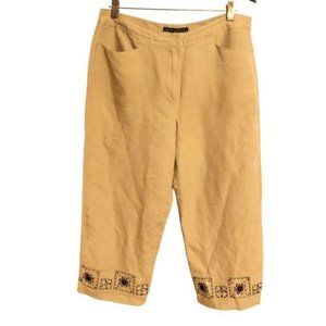 Larry Levine Women's Size 12 Linen-Blend Taupe Cropped Hem-Embellished Pants